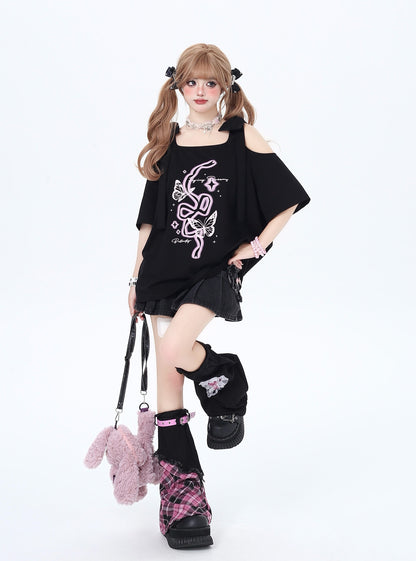 リボン付き両肩カットアウトTシャツ