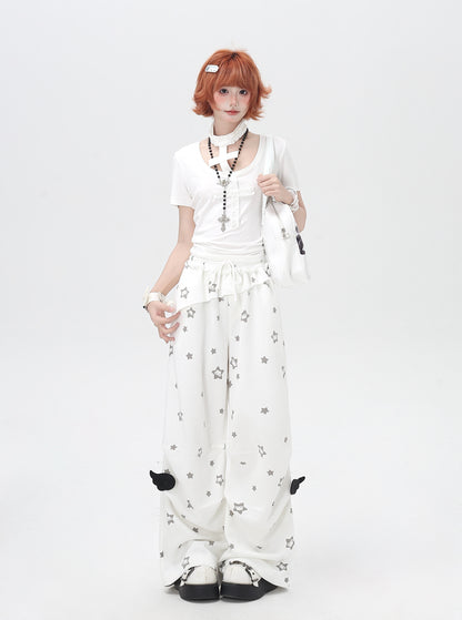 くすみスター柄 ルーズストレートパンツ