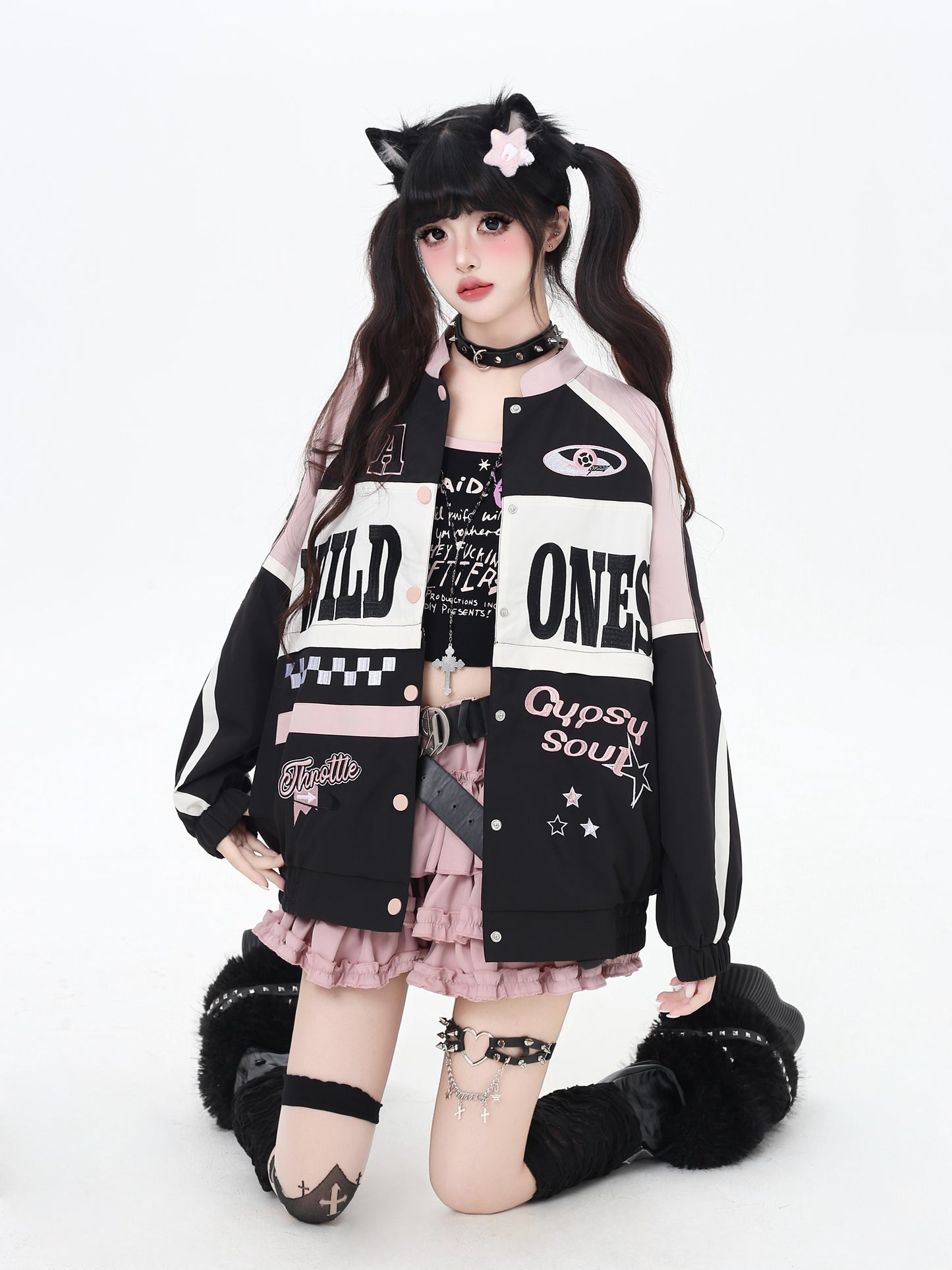 ストリート復古パッチワーク×ライダーズスタジャン（取り外し可能）