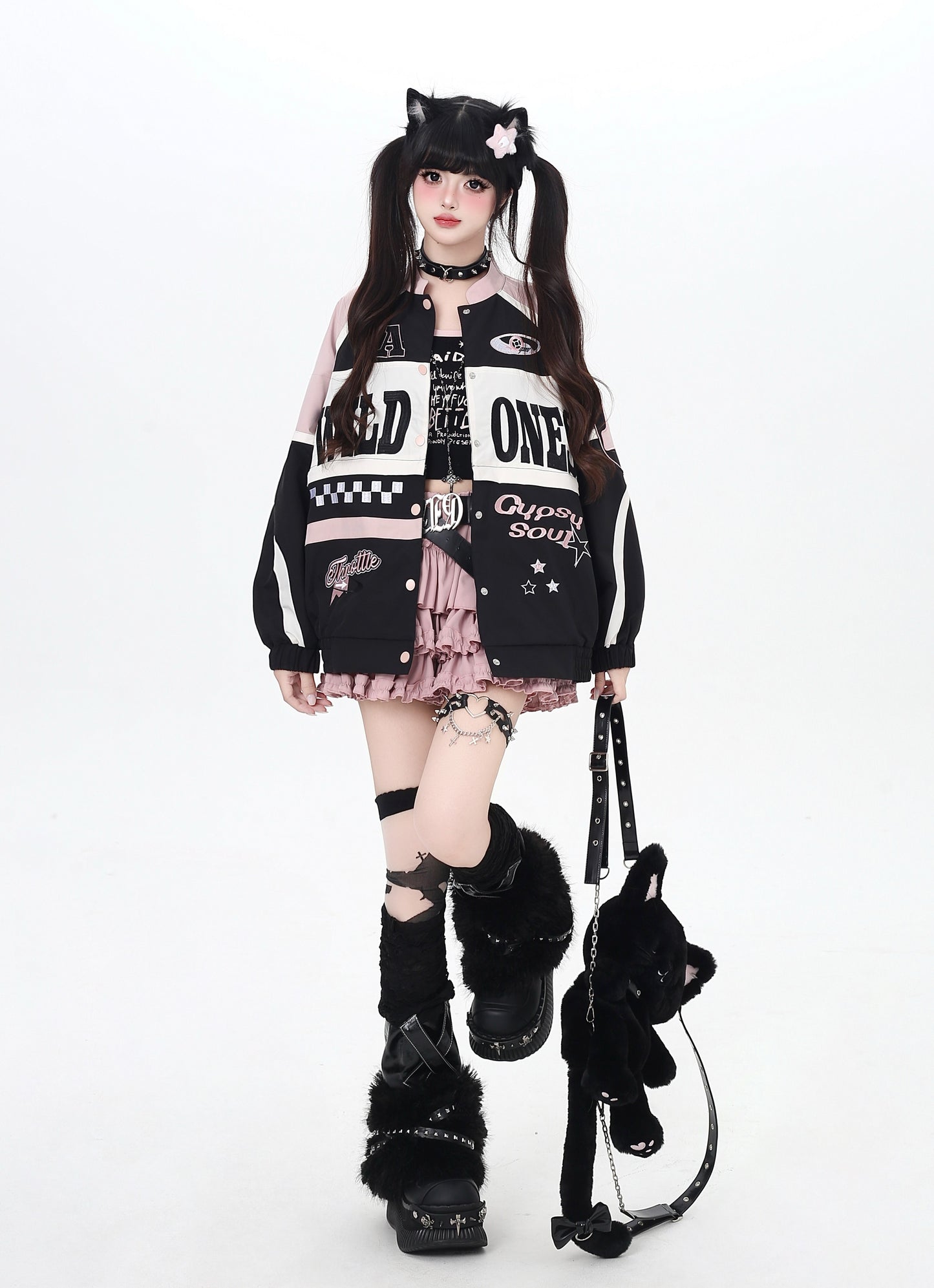 ストリート復古パッチワーク×ライダーズスタジャン（取り外し可能）