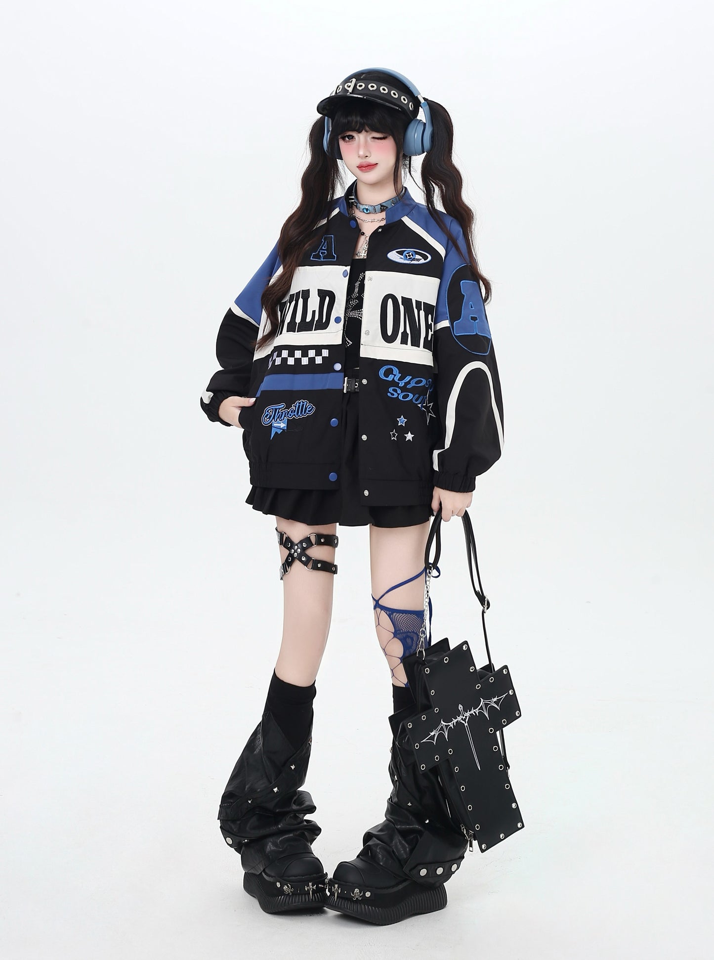 ストリート復古パッチワーク×ライダーズスタジャン（取り外し可能）