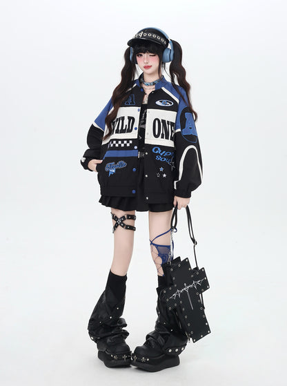 ストリート復古パッチワーク×ライダーズスタジャン（取り外し可能）