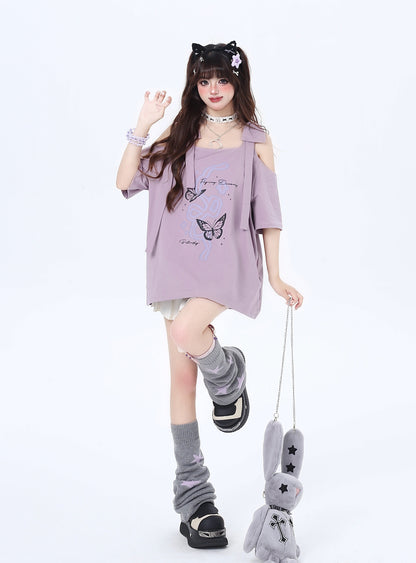 リボン付き両肩カットアウトTシャツ