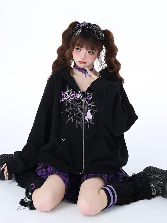 ゆったりフードつきパーカー、スパイダーウェブと蝶のデザイン