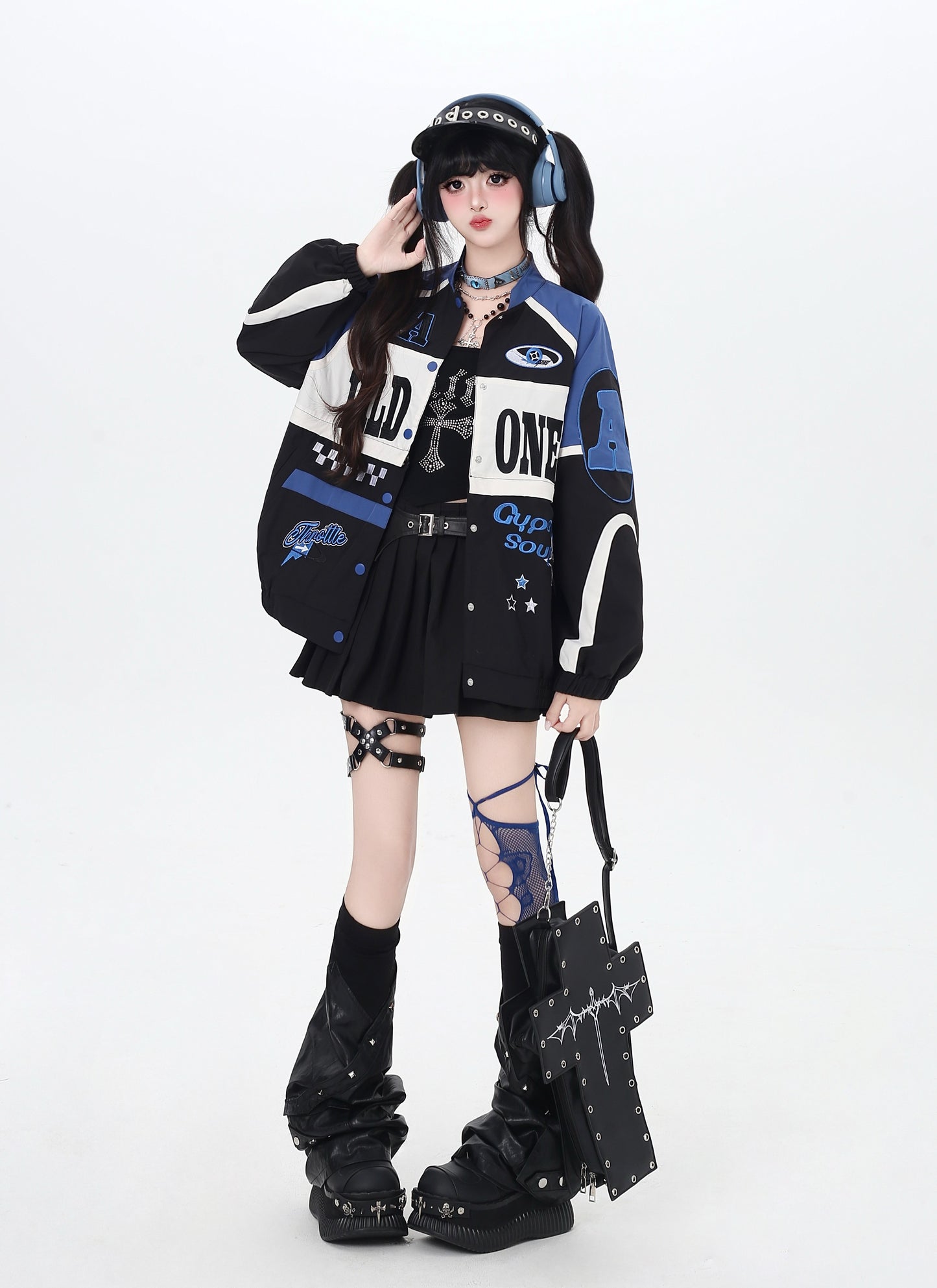 ストリート復古パッチワーク×ライダーズスタジャン（取り外し可能）