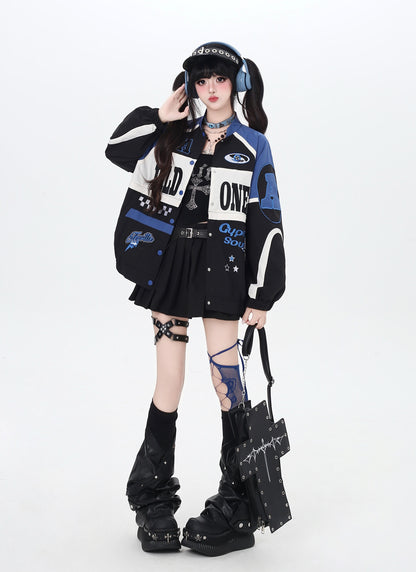 ストリート復古パッチワーク×ライダーズスタジャン（取り外し可能）