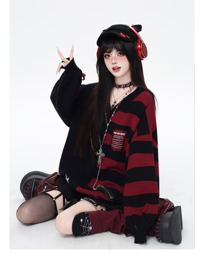 バイカラーストライプVネックニット