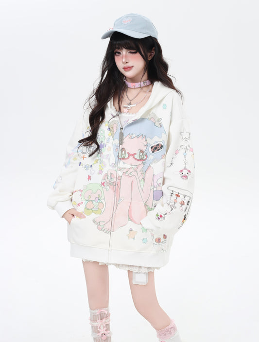 水色ガーリー 二次元アニメプリントゆるパーカー 可愛い系