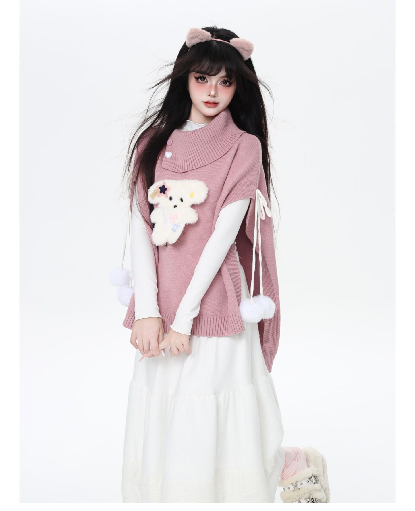 もこもこ犬モチーフニットポンチョ♡ゆるかわハイネックケープ冬