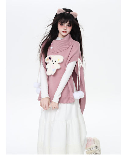 もこもこ犬モチーフニットポンチョ♡ゆるかわハイネックケープ冬