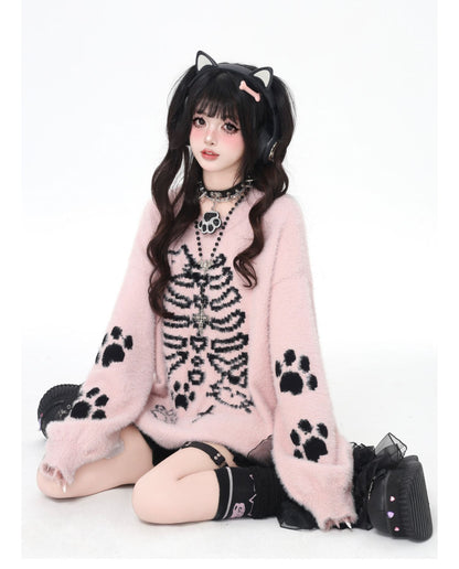 ふわふわネコモチーフ丸首ゆるニット 秋冬ガーリー
