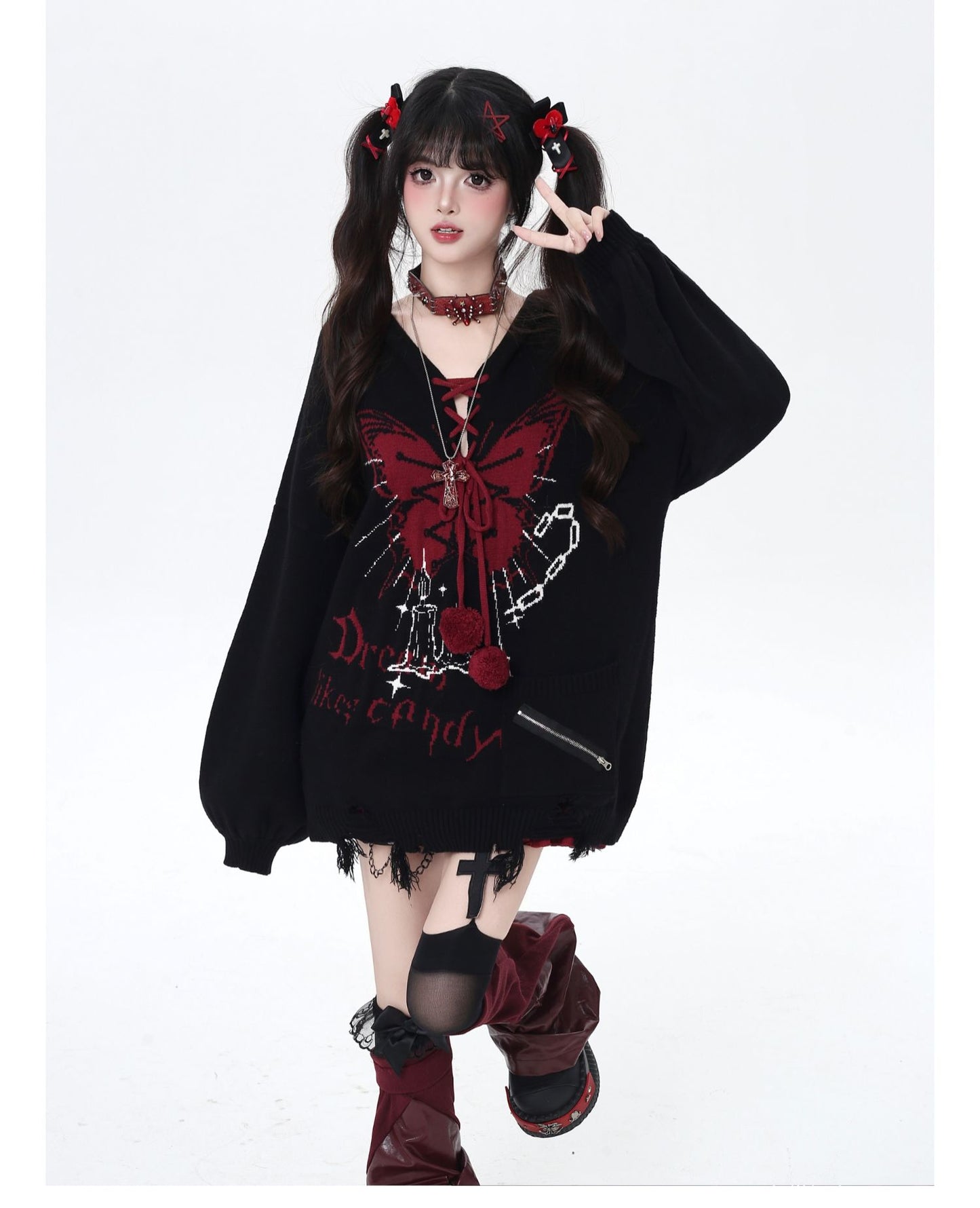 🦋Vネックリボンフーディゆる甘ニットカーデ