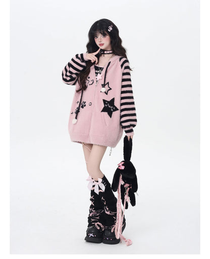 星柄ボーダーVネックフーディーニットカーデ