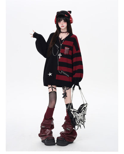 バイカラーストライプVネックニット