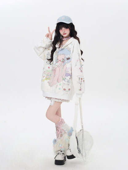 水色ガーリー 二次元アニメプリントゆるパーカー 可愛い系