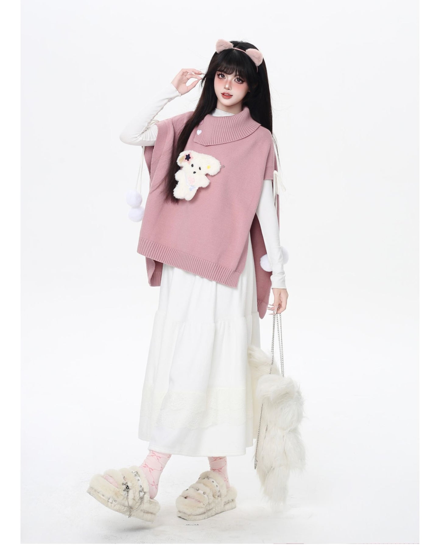 もこもこ犬モチーフニットポンチョ♡ゆるかわハイネックケープ冬