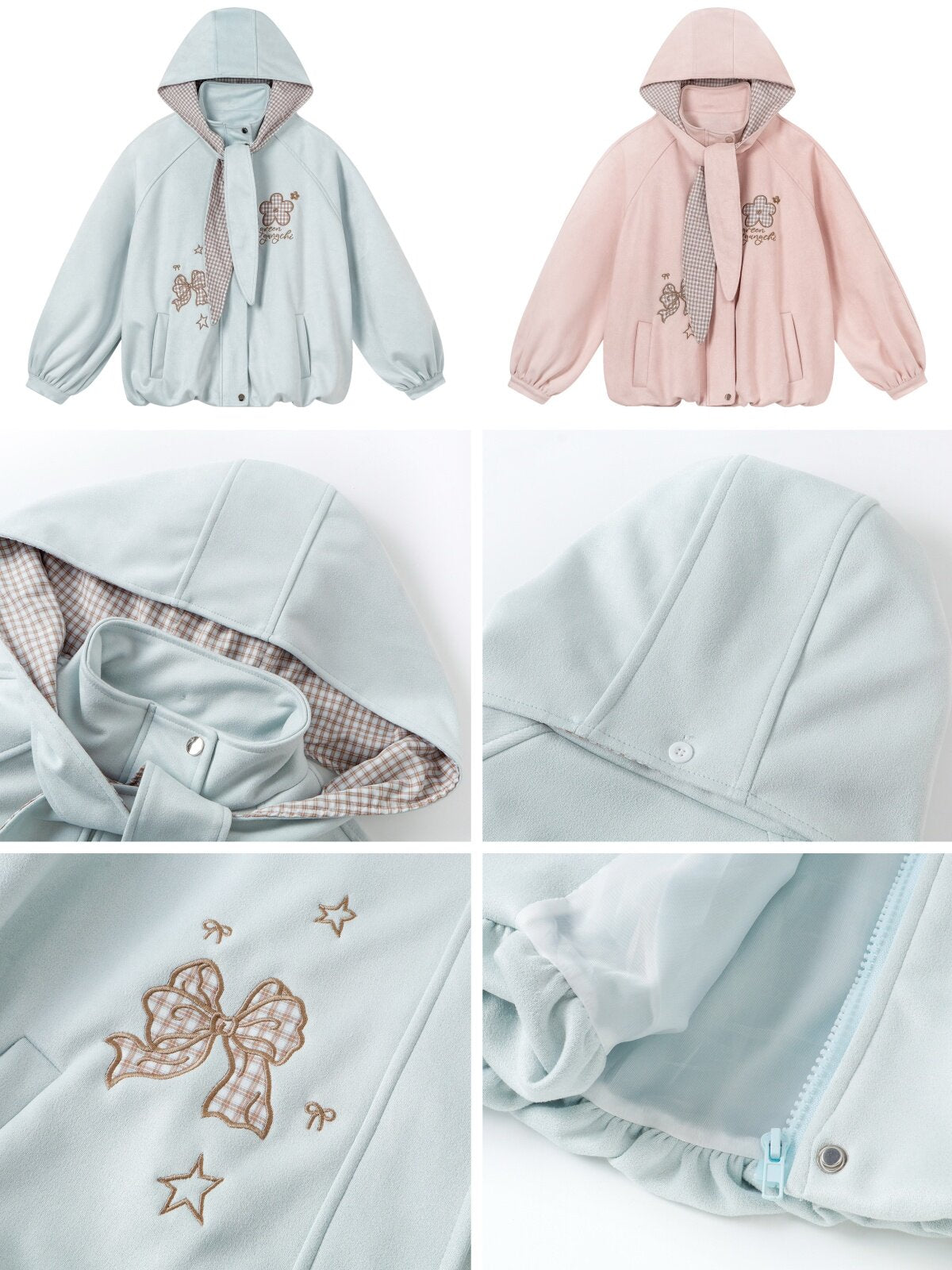 チェックリボン刺繍スエードフードジャケット