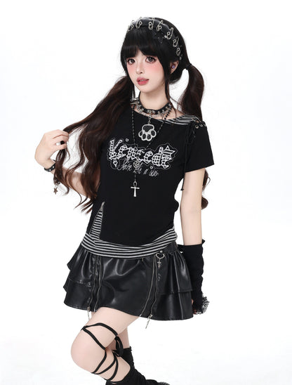 ショート丈Tシャツ｜地雷×ストライプ・細見え