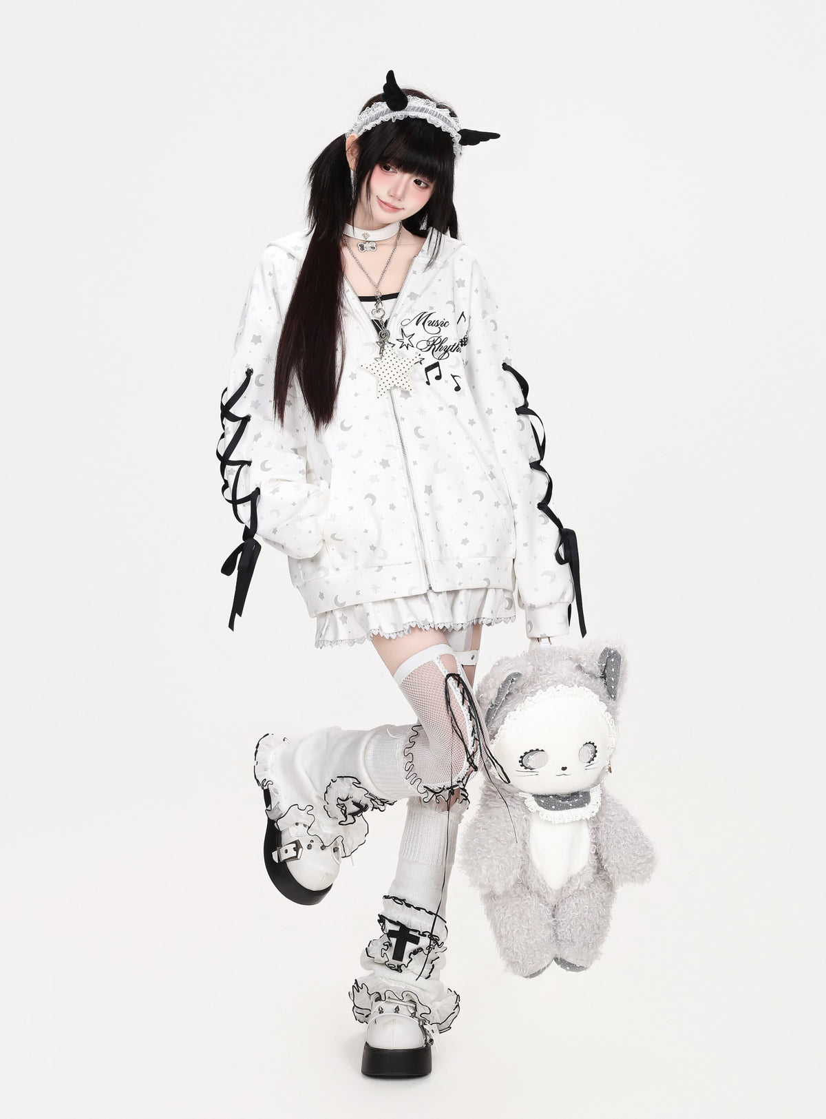 星柄プリントリボンスリーブフード付きトップス