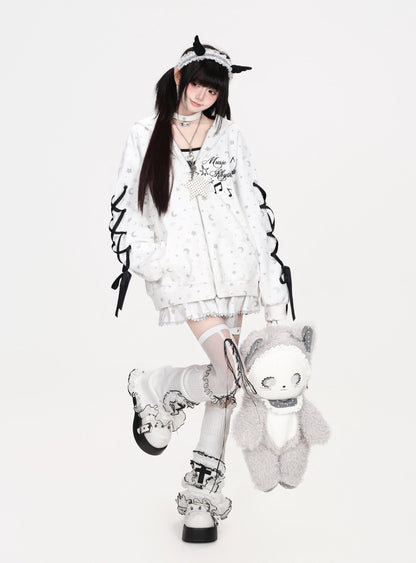 星柄プリントリボンスリーブフード付きトップス