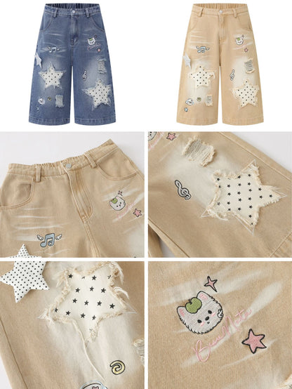 星柄ダメージワイドハーフパンツ