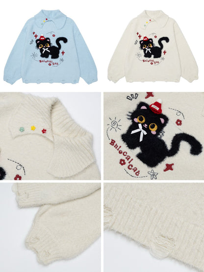 黒ねこモチーフ襟付きシャギーニット