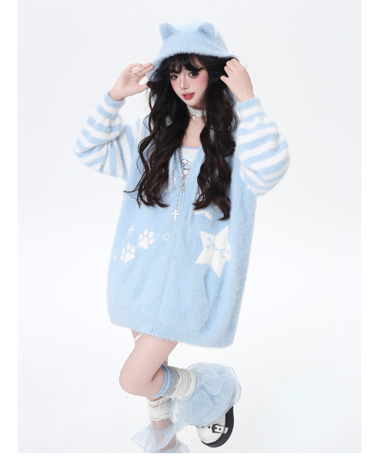 星柄ボーダーVネックフーディーニットカーデ