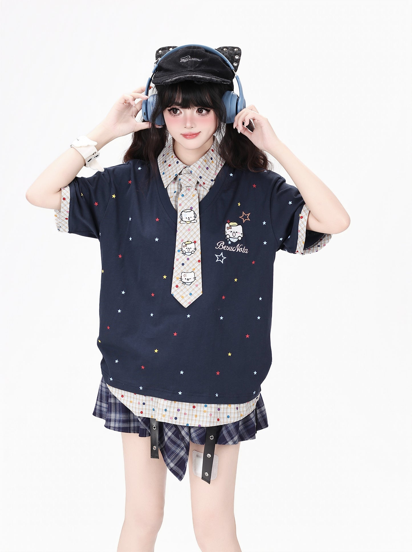 チェック柄レイヤード風KT刺繍Tシャツ