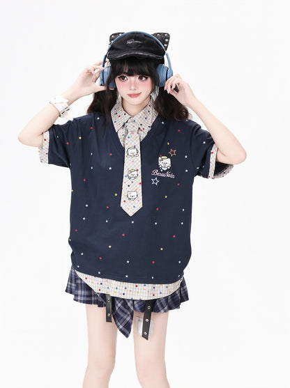 チェック柄レイヤード風KT刺繍Tシャツ