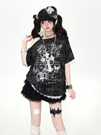 クロスレースオフショルTシャツ