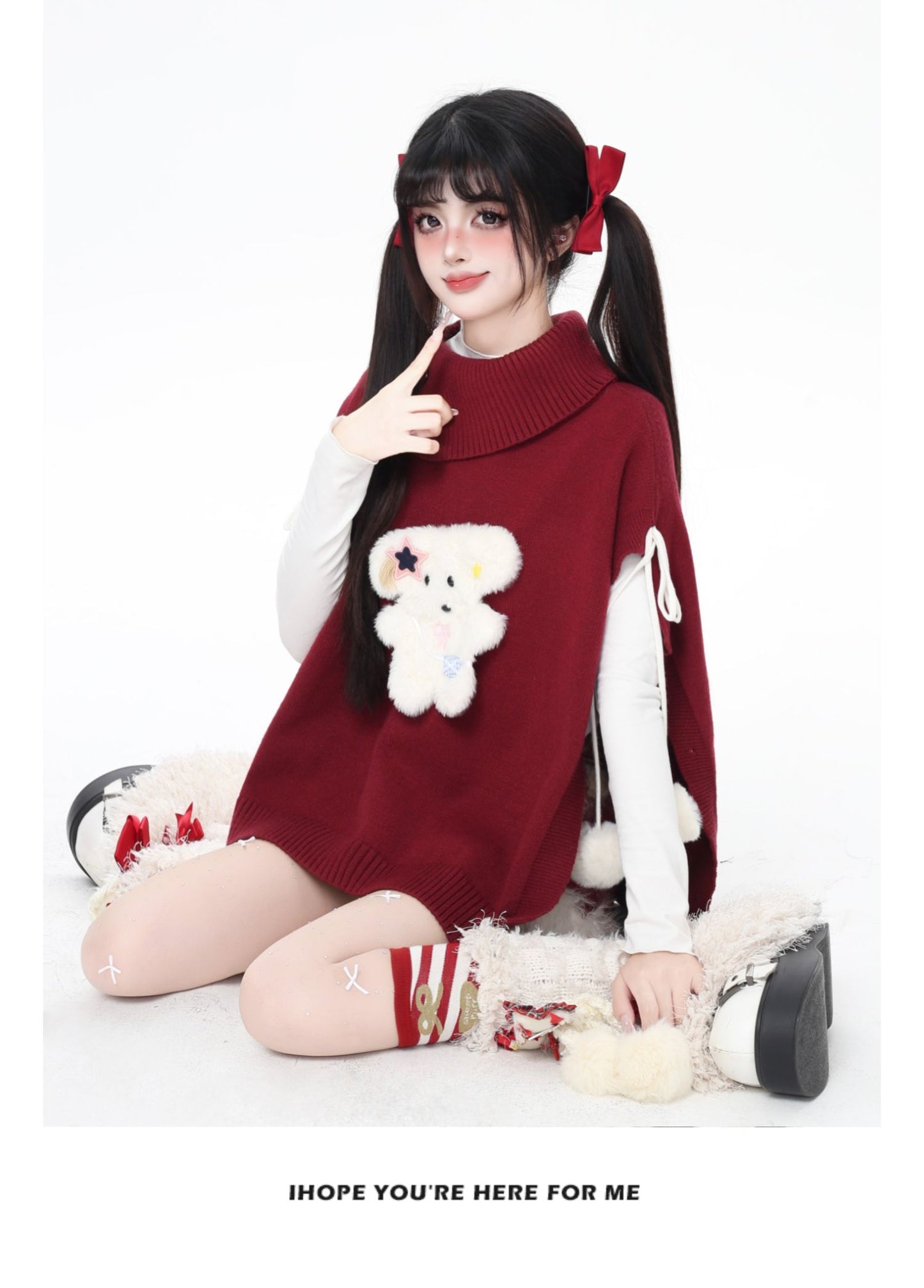 もこもこ犬モチーフニットポンチョ♡ゆるかわハイネックケープ冬