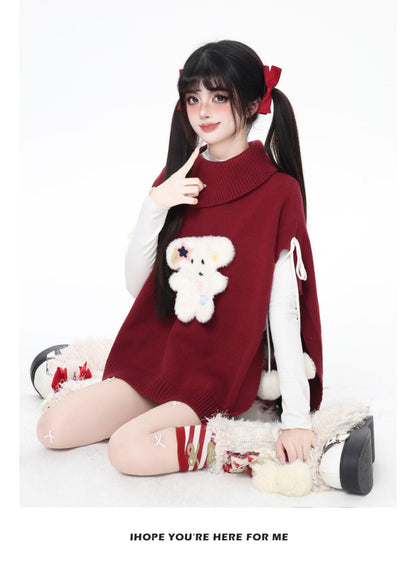 もこもこ犬モチーフニットポンチョ♡ゆるかわハイネックケープ冬