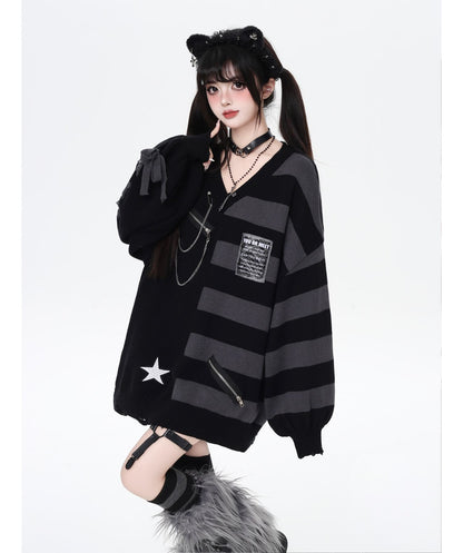 バイカラーストライプVネックニット