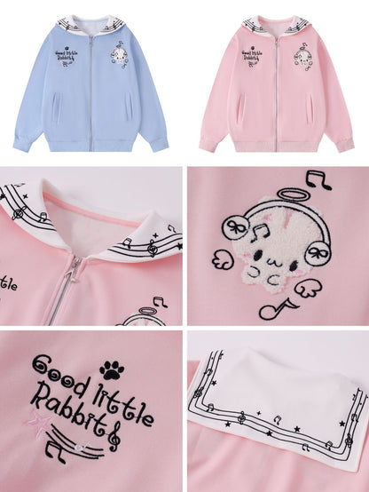 星うさぎ刺繍セーラーカラージップパーカー
