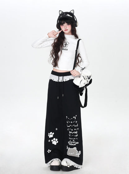 ねこイラスト レース付き ゆるストレートパンツ