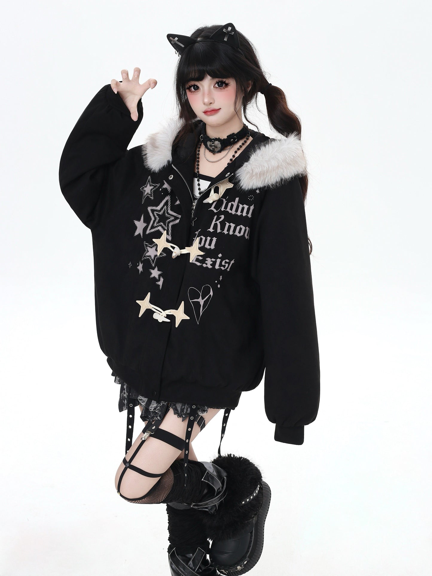 星柄レター×ボア襟取り外し可能 ゆるシルエット中綿ジャケット