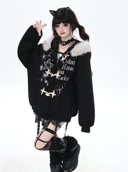 星柄レター×ボア襟取り外し可能 ゆるシルエット中綿ジャケット