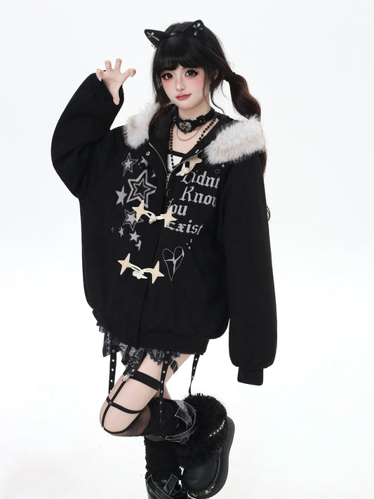 星柄レター×ボア襟取り外し可能 ゆるシルエット中綿ジャケット