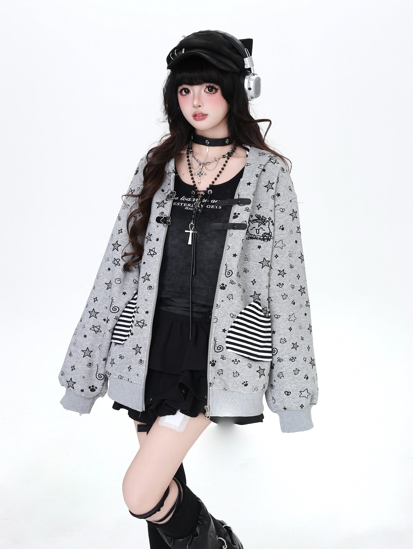 スター総柄 うさ耳デザイン ゆるシルエットパーカー