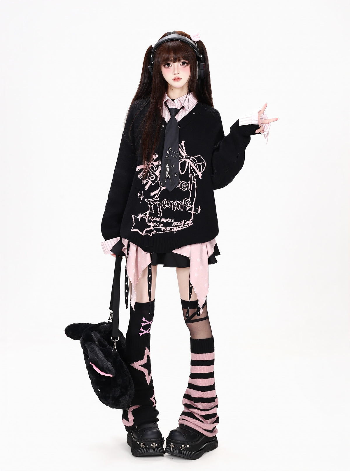 リボングラフィックシャツドッキングニット