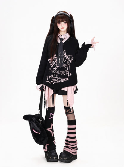 リボングラフィックシャツドッキングニット