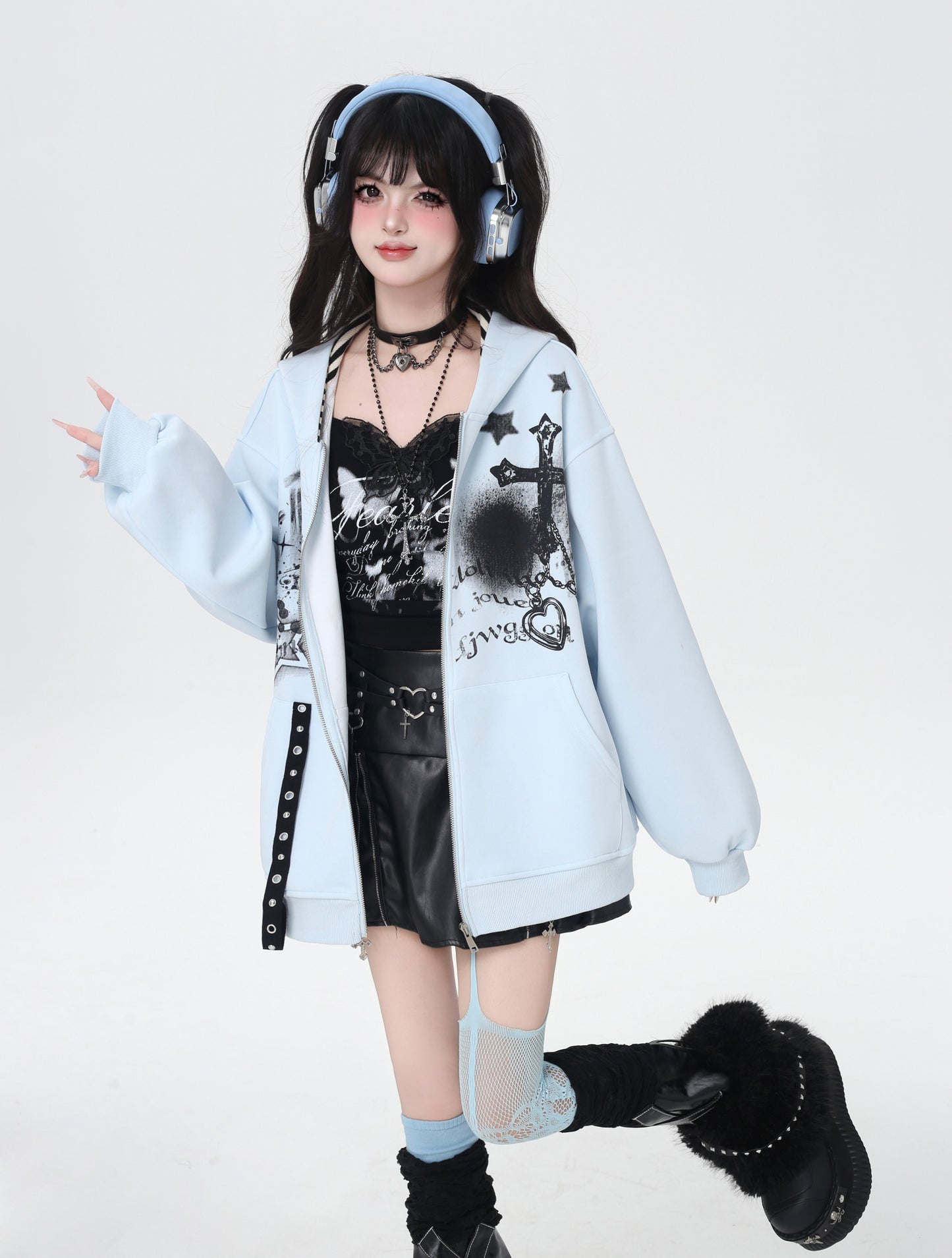 地雷系ダーク系初秋ジップパーカー ニッチギャル服