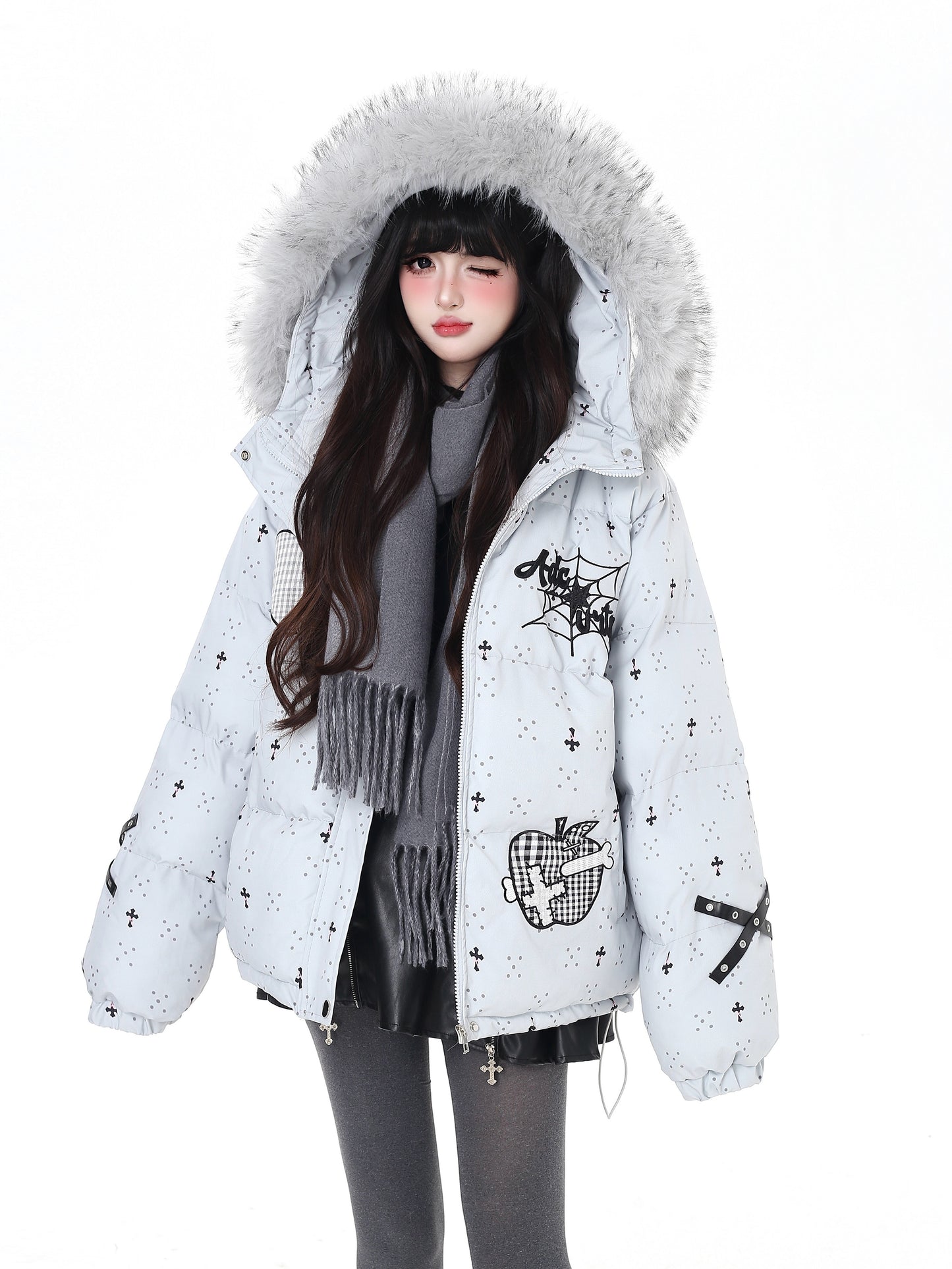 雪柄フード付き取り外し可毛襟コットンジャケット