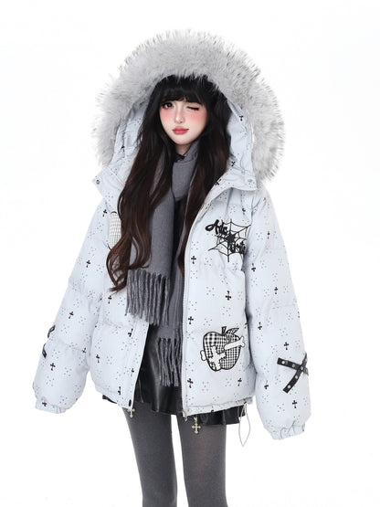 雪柄フード付き取り外し可毛襟コットンジャケット