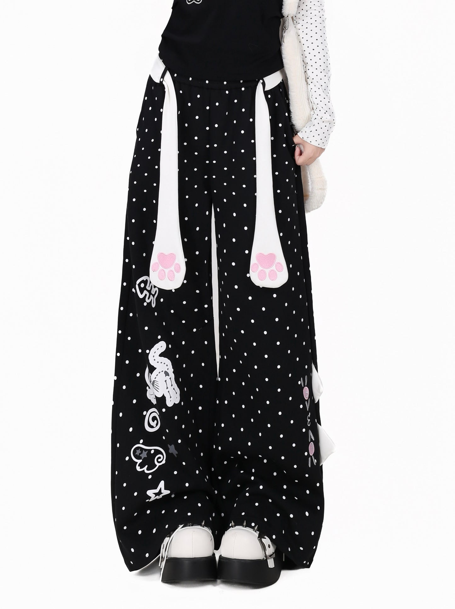 ねこドットプリントハイウエストワイドパンツ