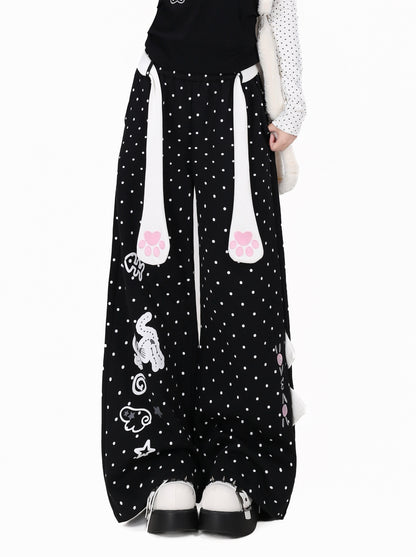 ねこドットプリントハイウエストワイドパンツ