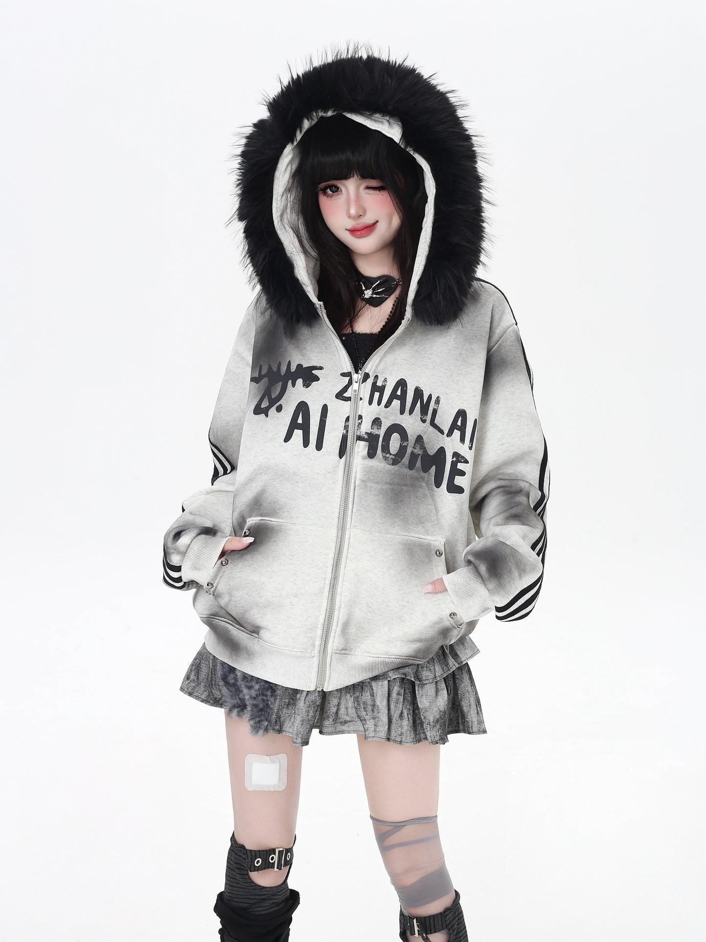 タイダイ×ファー衿取り外しジップアウター