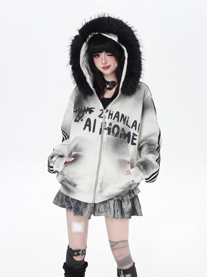 タイダイ×ファー衿取り外しジップアウター