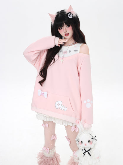 レイヤード風ねこ肩あきスウェット＋ボーン付き