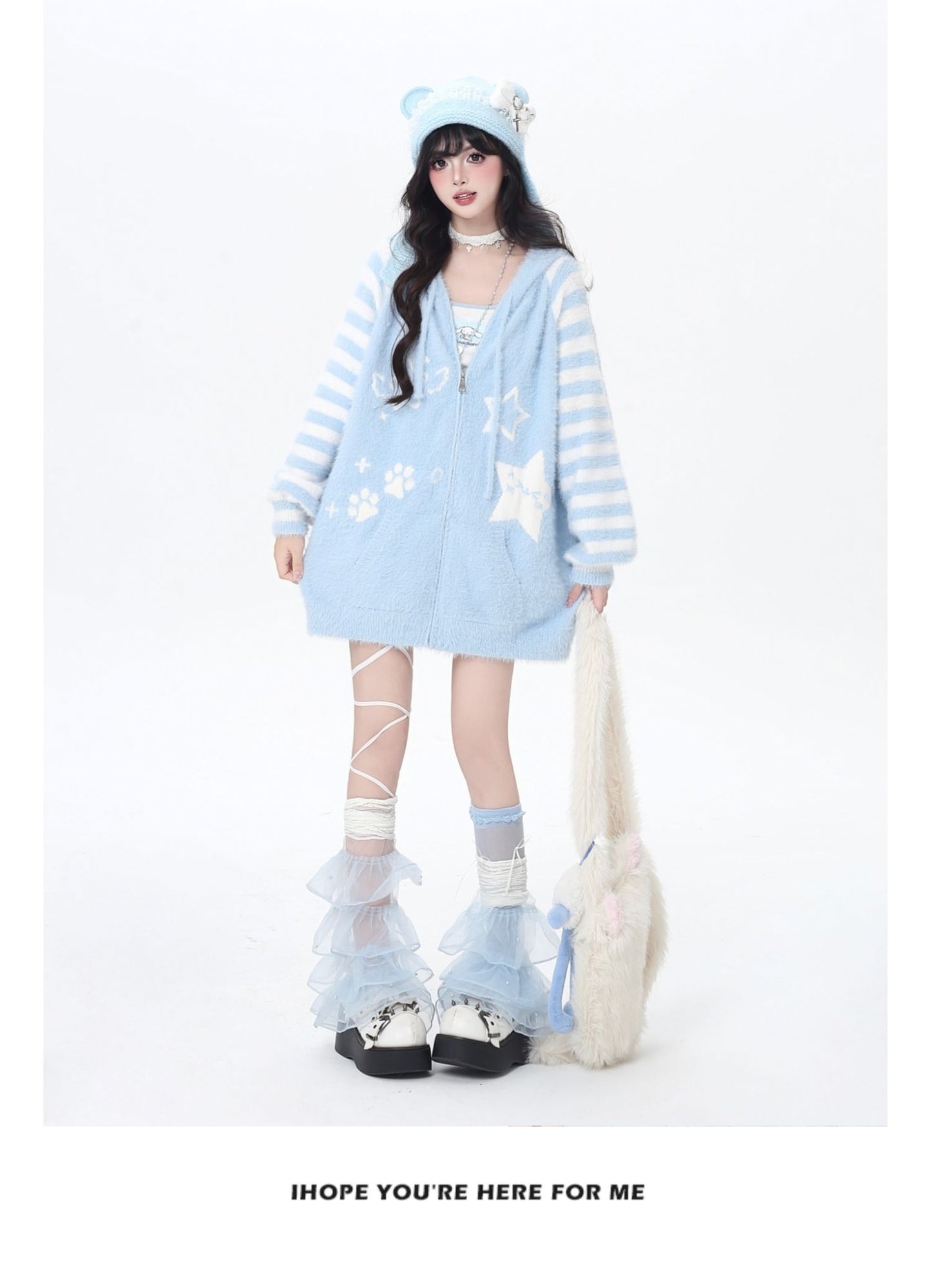 星柄ボーダーVネックフーディーニットカーデ